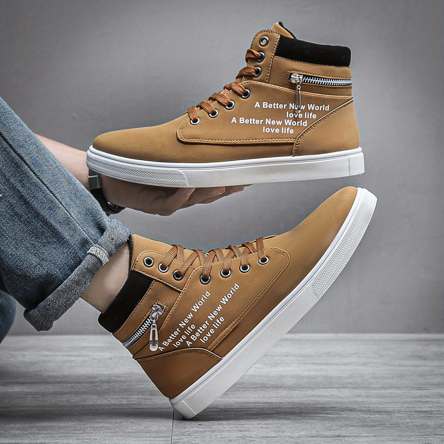Lace-up High Top Zipper Skate Shoes, Breathable Sneakers